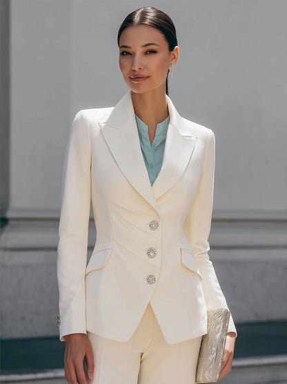 Draped Pleated Notched Lapel Tailored Blazer