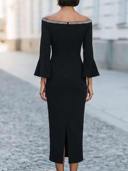 Crystal Trim Bell Sleeve Off-Shoulder Occasion Dress