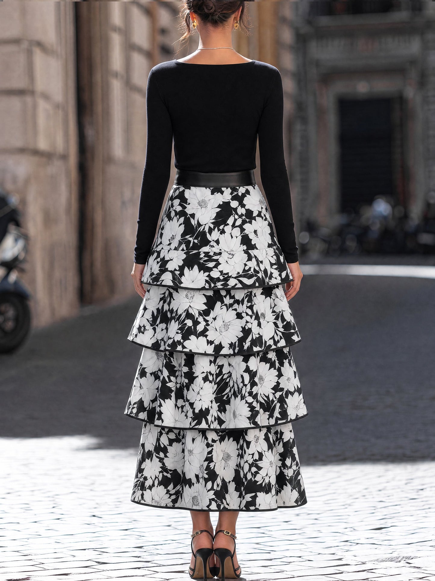 Fitted Top and Tiered Floral Midi Skirt Two-Piece Set