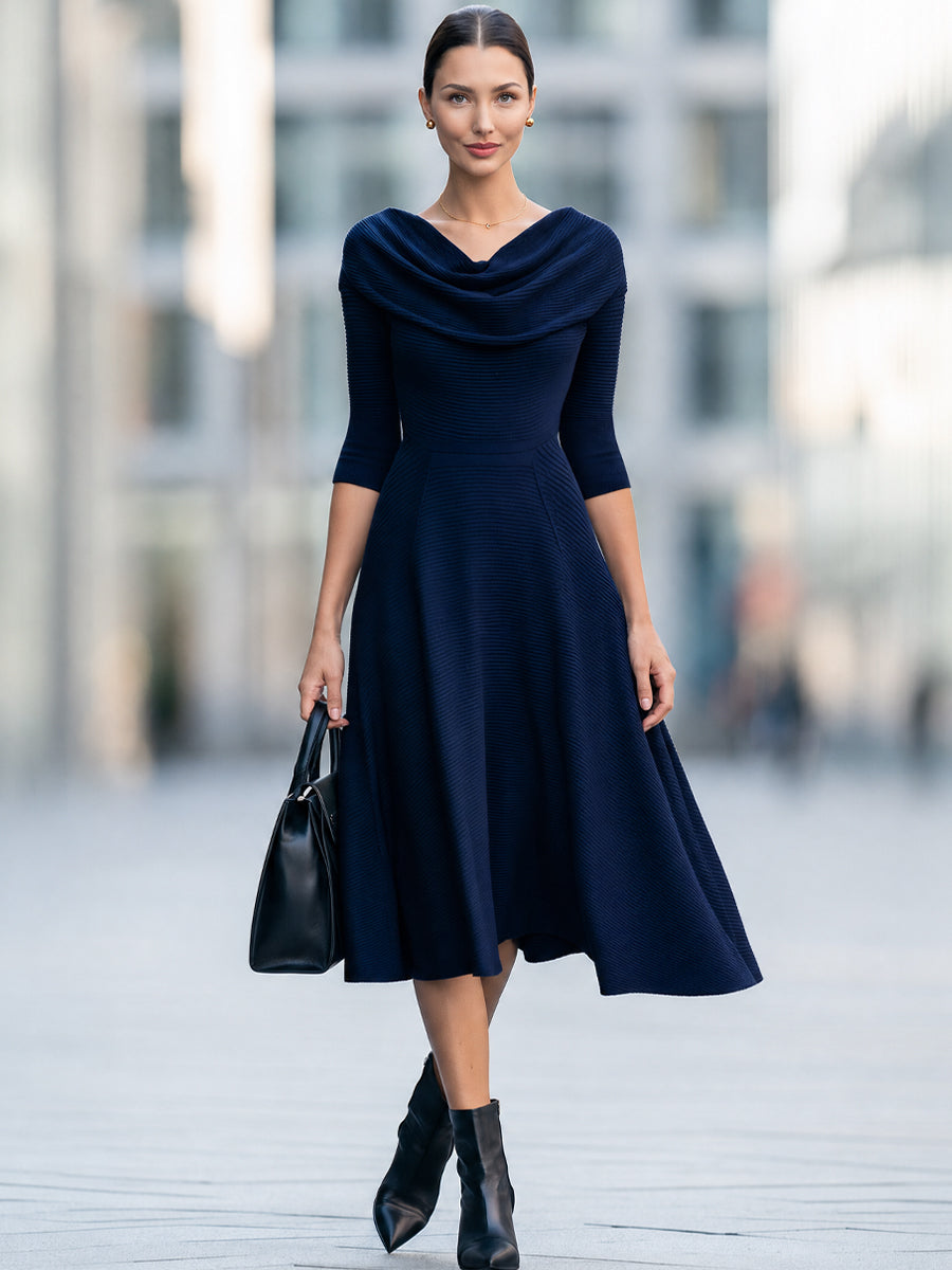 Navy Ribbed Knit Cowl Neck Fit and Flare Midi Dress