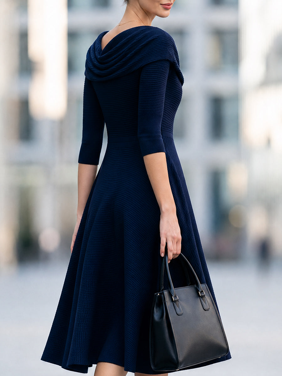 Navy Ribbed Knit Cowl Neck Fit and Flare Midi Dress