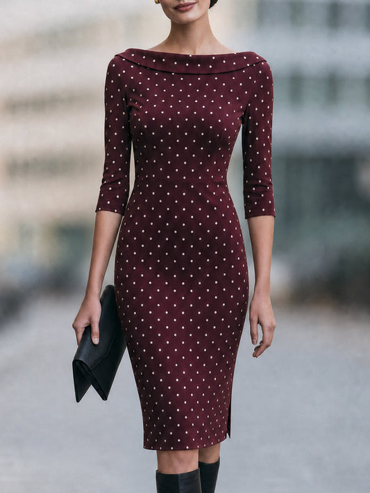 Burgundy Polka Dot Boat Neck Midi Dress