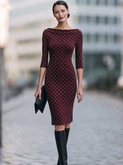 Burgundy Polka Dot Boat Neck Midi Dress