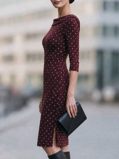 Burgundy Polka Dot Boat Neck Midi Dress