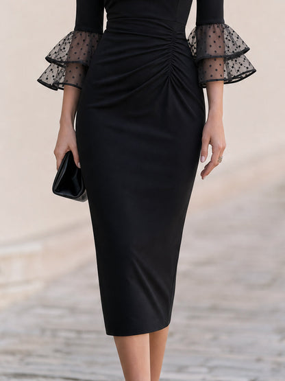 Polka Dot Tulle Sleeve Boat Neck Midi Cocktail Dress