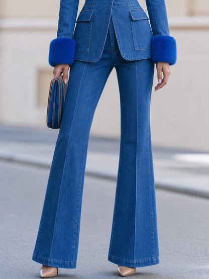 Faux Fur Cuff Blazer and Flare Jeans Two-Piece Set