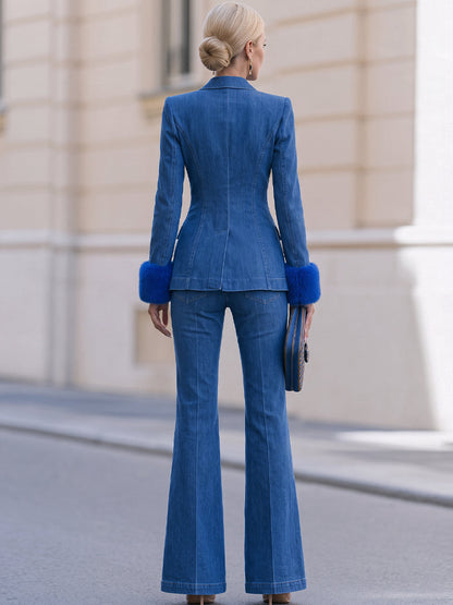 Faux Fur Cuff Blazer and Flare Jeans Two-Piece Set