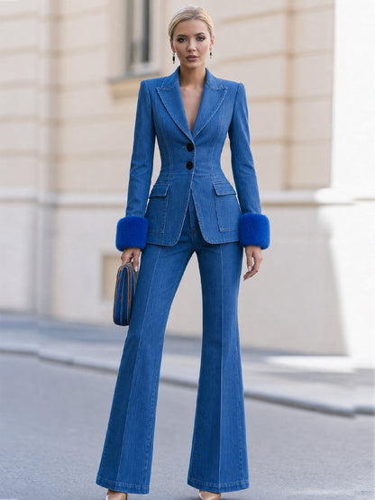 Faux Fur Cuff Blazer and Flare Jeans Two-Piece Set