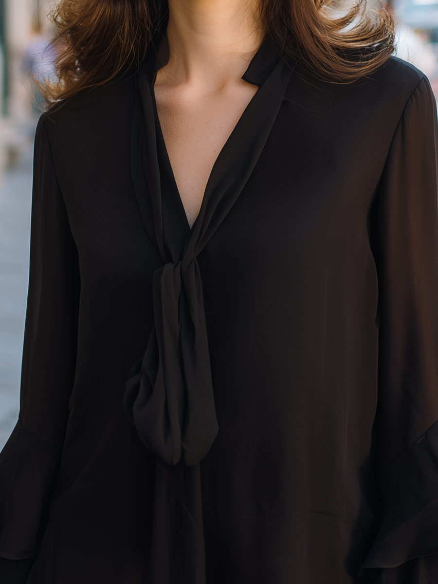 Tie Neck Ruffle Sleeve Draped Blouse