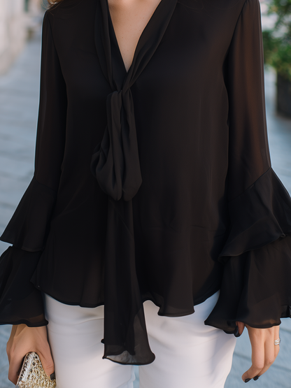 Tie Neck Ruffle Sleeve Draped Blouse