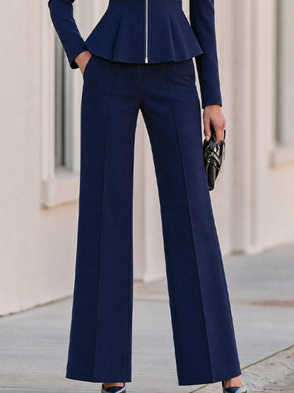 Navy Peplum Blazer and Wide Leg Pants Suit Set