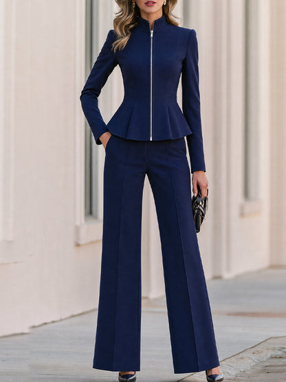 Navy Peplum Blazer and Wide Leg Pants Suit Set