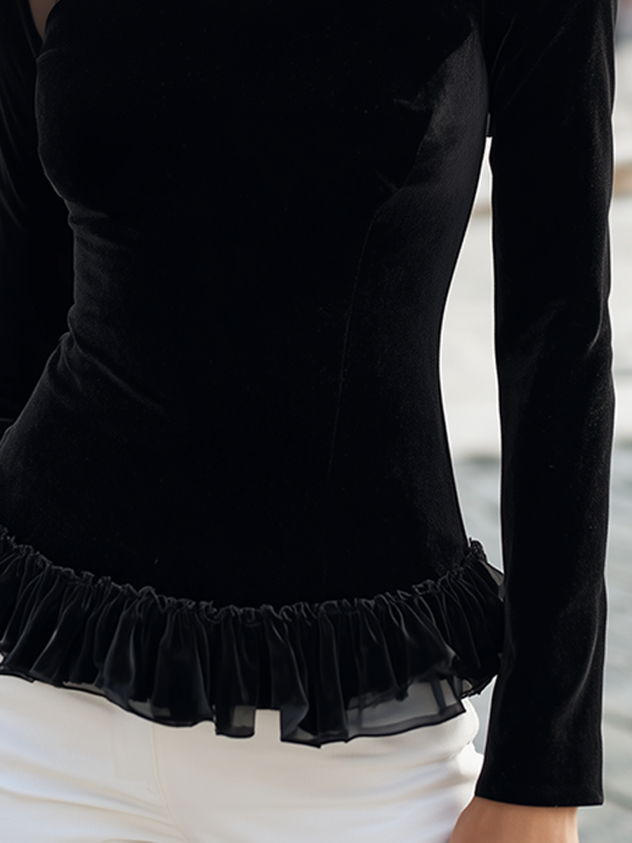 Sheer Yoke Ruffle Hem Fitted Top