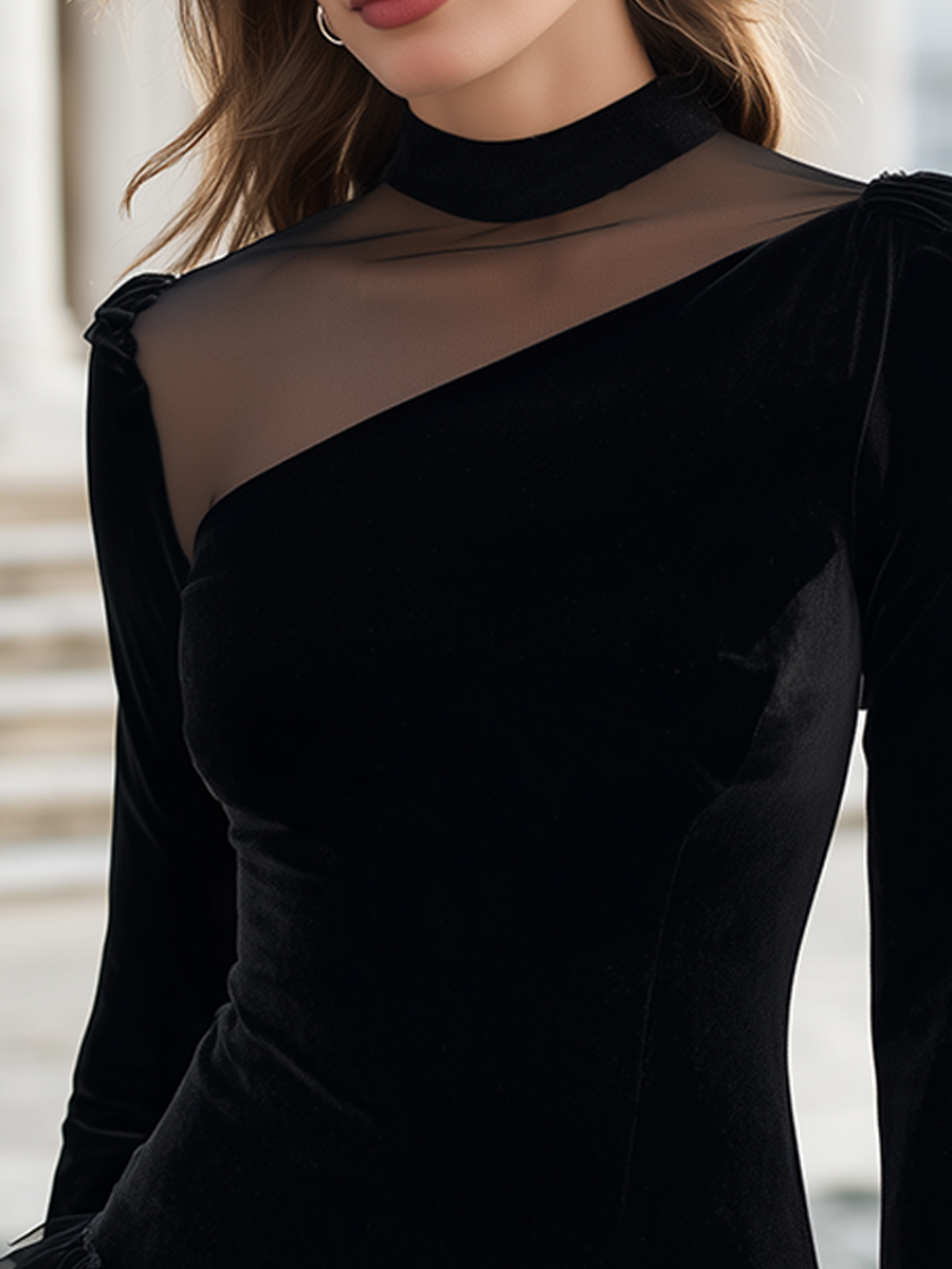 Sheer Yoke Ruffle Hem Fitted Top
