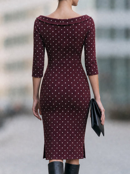 Burgundy Polka Dot Boat Neck Midi Dress