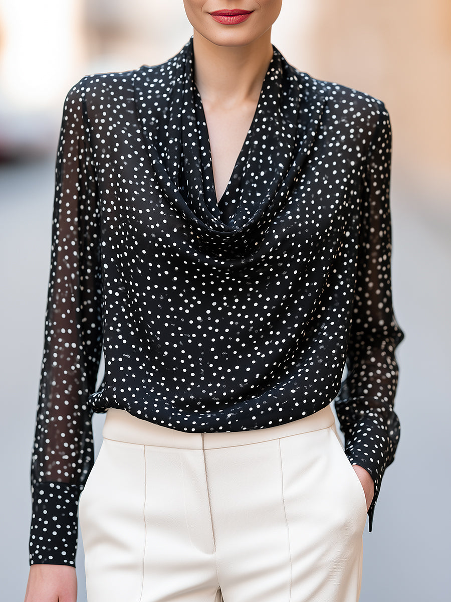 Black Polka Dot Cowl Neck Satin Blouse