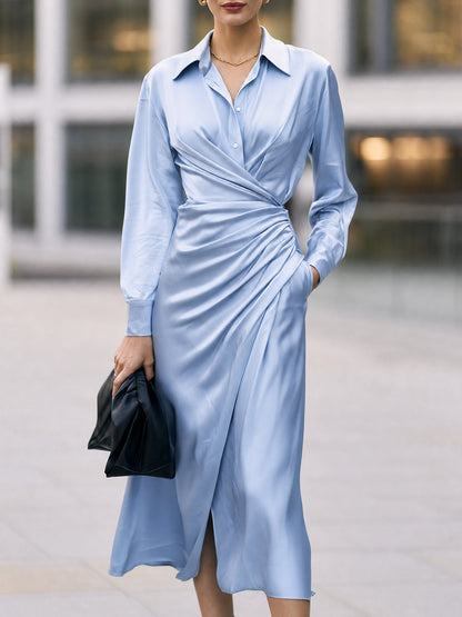Light Blue Satin Collared Midi Shirt Dress
