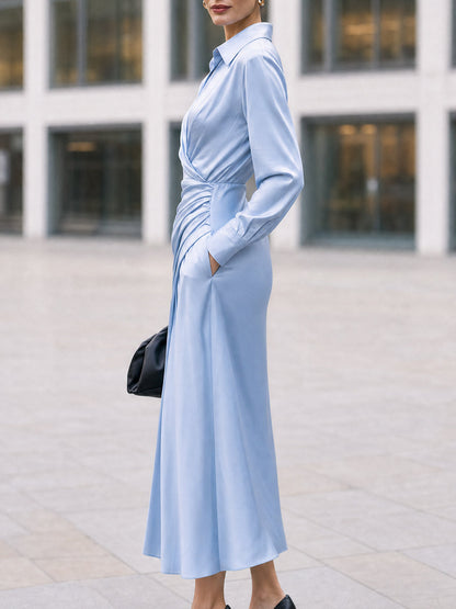 Light Blue Satin Collared Midi Shirt Dress