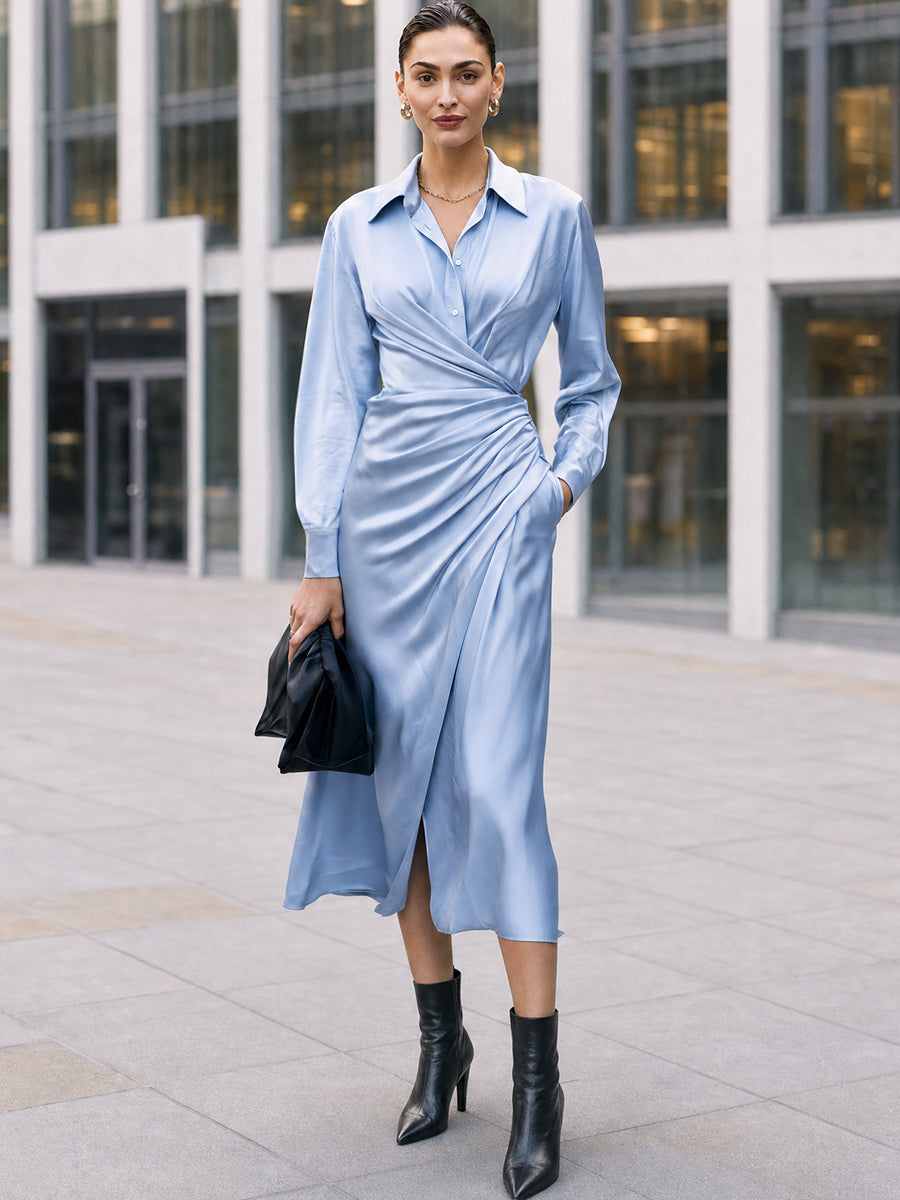 Light Blue Satin Collared Midi Shirt Dress