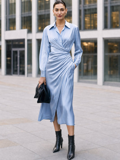 Light Blue Satin Collared Midi Shirt Dress
