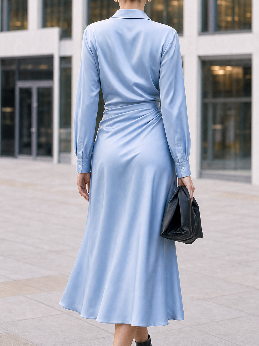 Light Blue Satin Collared Midi Shirt Dress