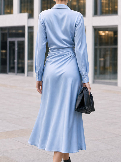 Light Blue Satin Collared Midi Shirt Dress