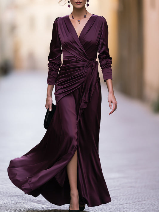 Plum Satin V-Neck Wrap Maxi Dress
