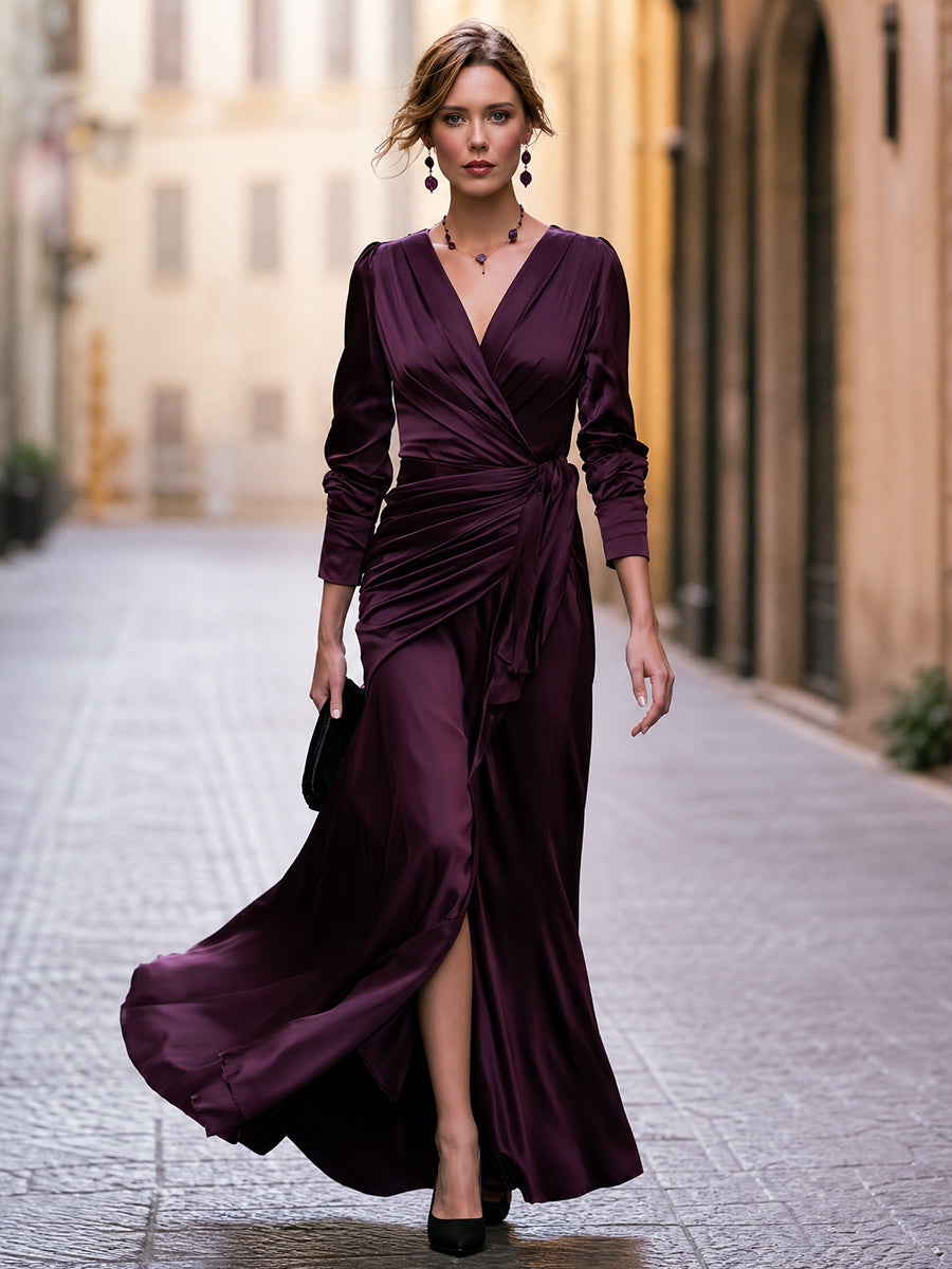 Plum Satin V-Neck Wrap Maxi Dress