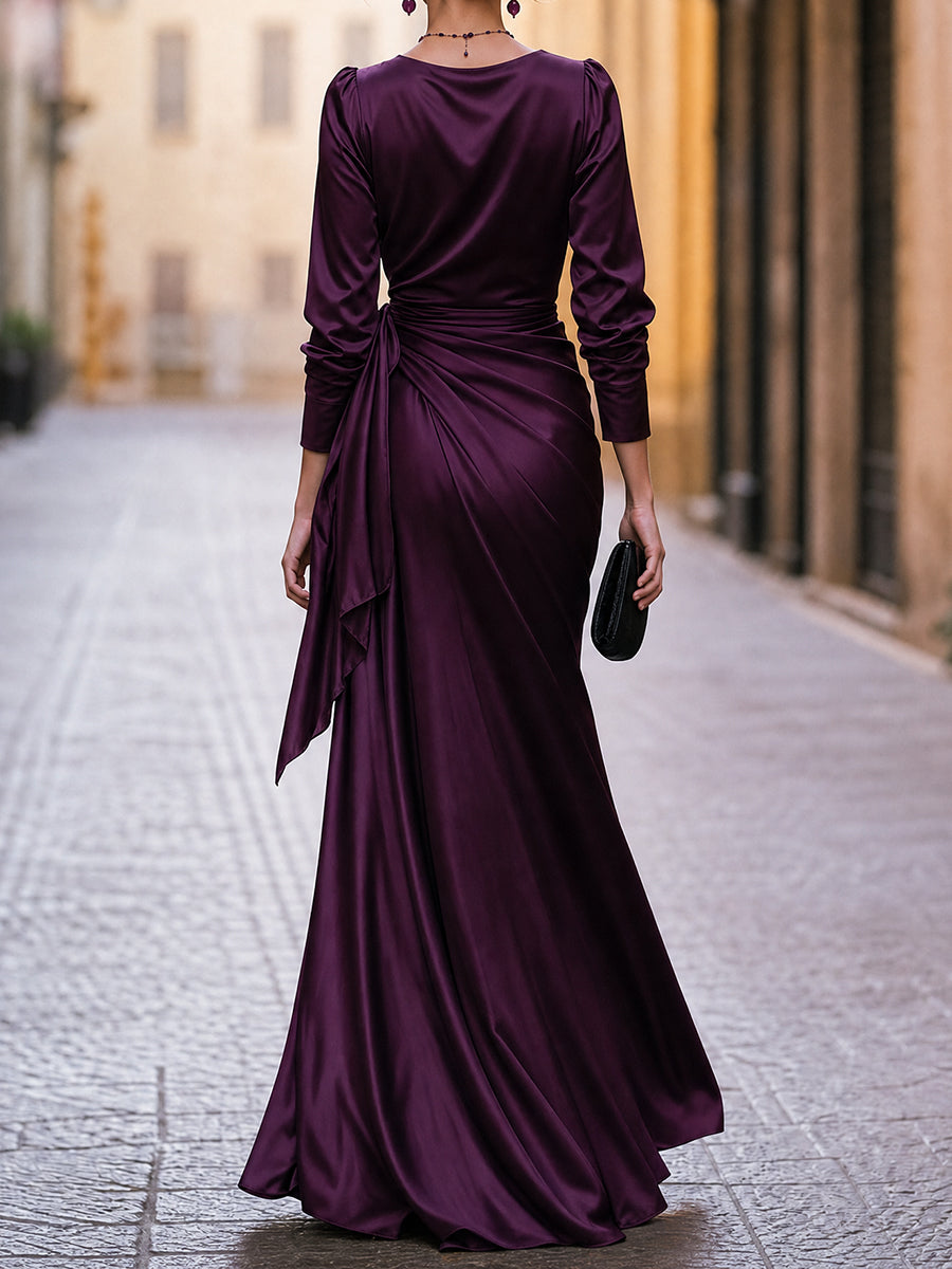 Plum Satin V-Neck Wrap Maxi Dress