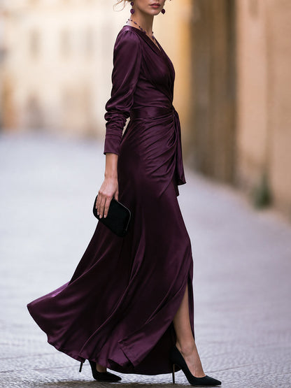 Plum Satin V-Neck Wrap Maxi Dress