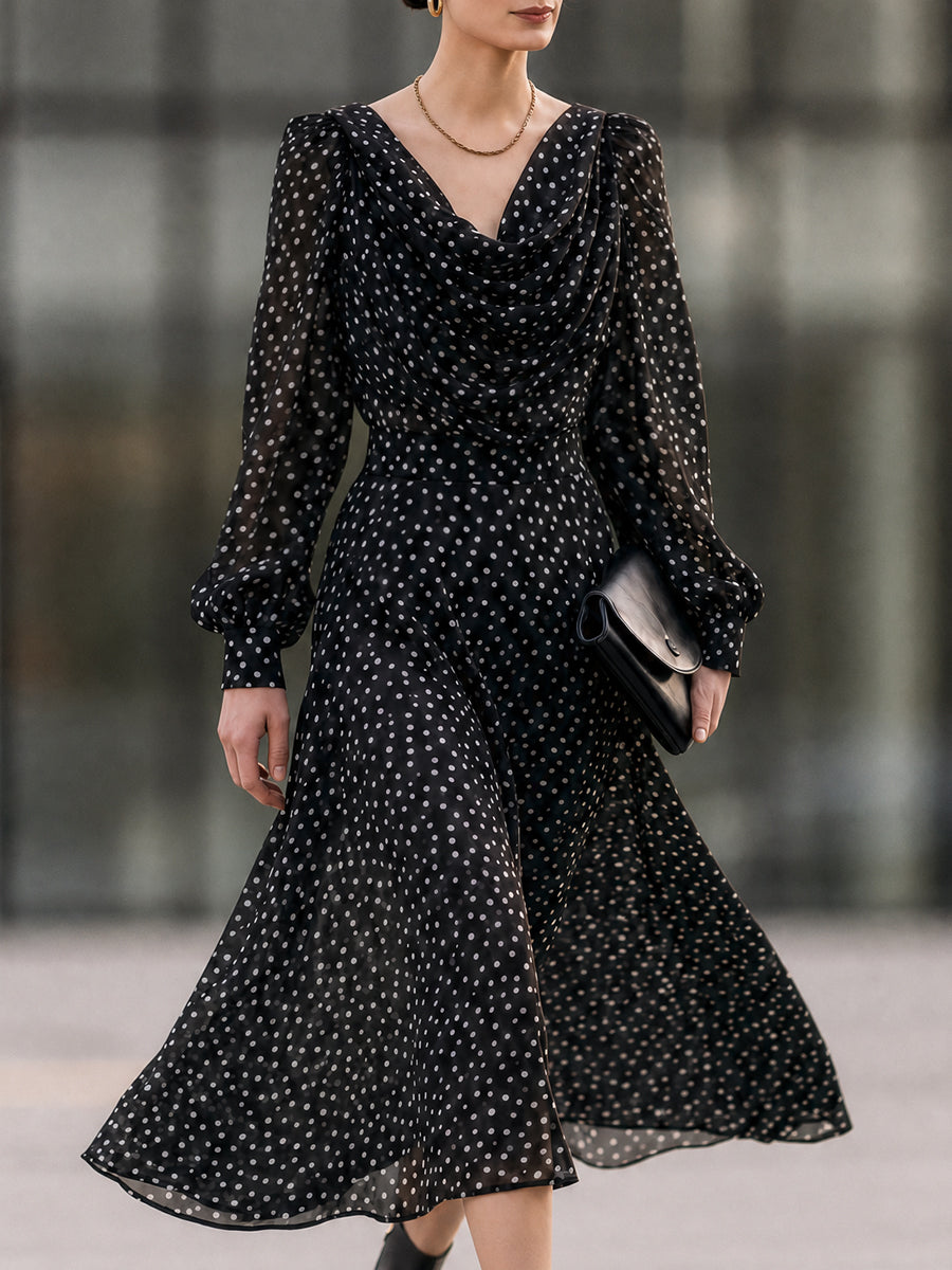 Black Polka Dot Chiffon Cowl Neck Midi Dress