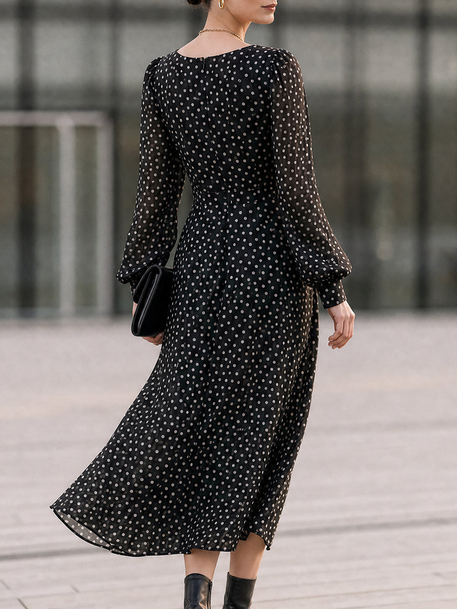 Black Polka Dot Chiffon Cowl Neck Midi Dress