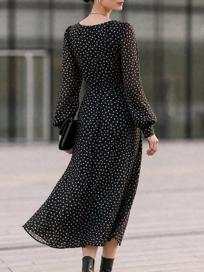 Black Polka Dot Chiffon Cowl Neck Midi Dress