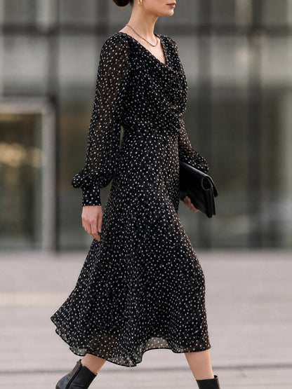 Black Polka Dot Chiffon Cowl Neck Midi Dress