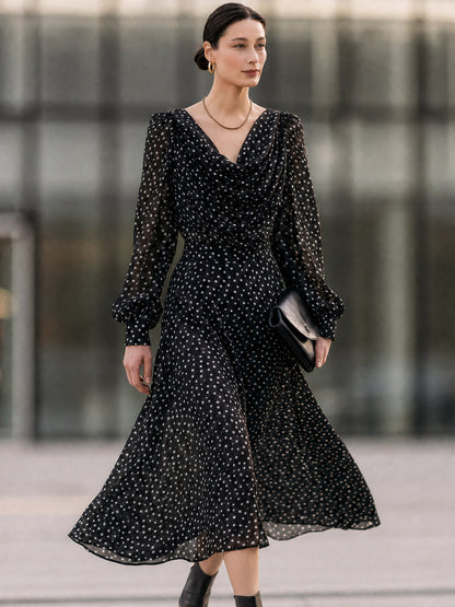 Black Polka Dot Chiffon Cowl Neck Midi Dress