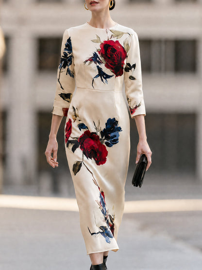 Cream Floral Satin Round Neck Midi Dress