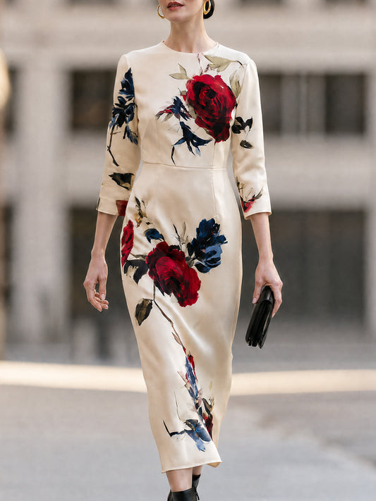 Cream Floral Satin Round Neck Midi Dress