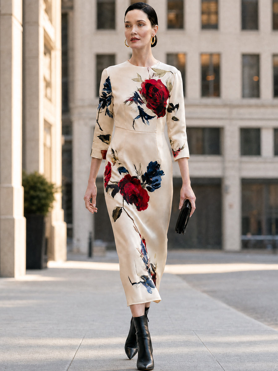 Cream Floral Satin Round Neck Midi Dress
