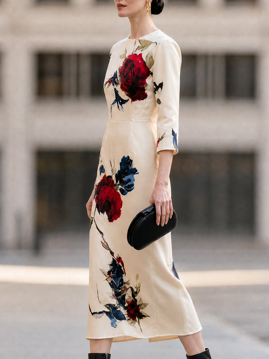 Cream Floral Satin Round Neck Midi Dress