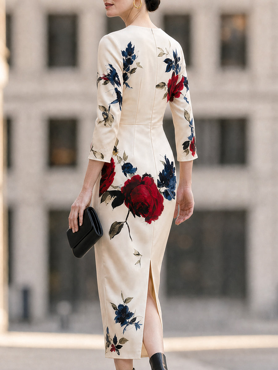 Cream Floral Satin Round Neck Midi Dress