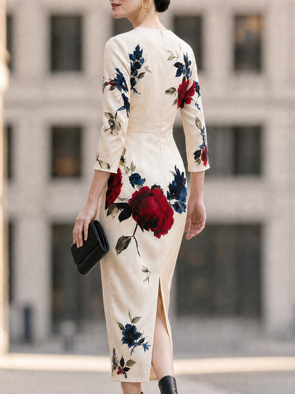 Cream Floral Satin Round Neck Midi Dress