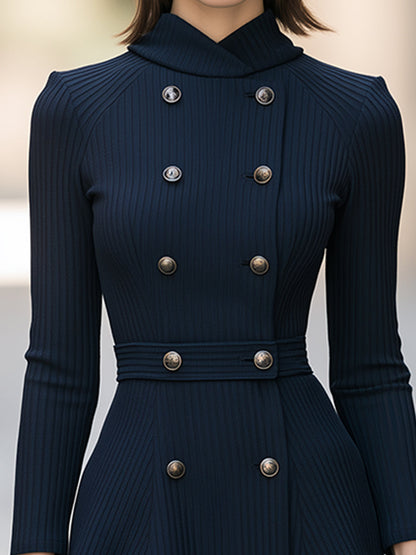 Crossover Neck Double-Breasted Knit Midi Dress