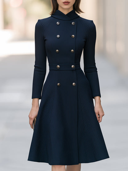 Crossover Neck Double-Breasted Knit Midi Dress