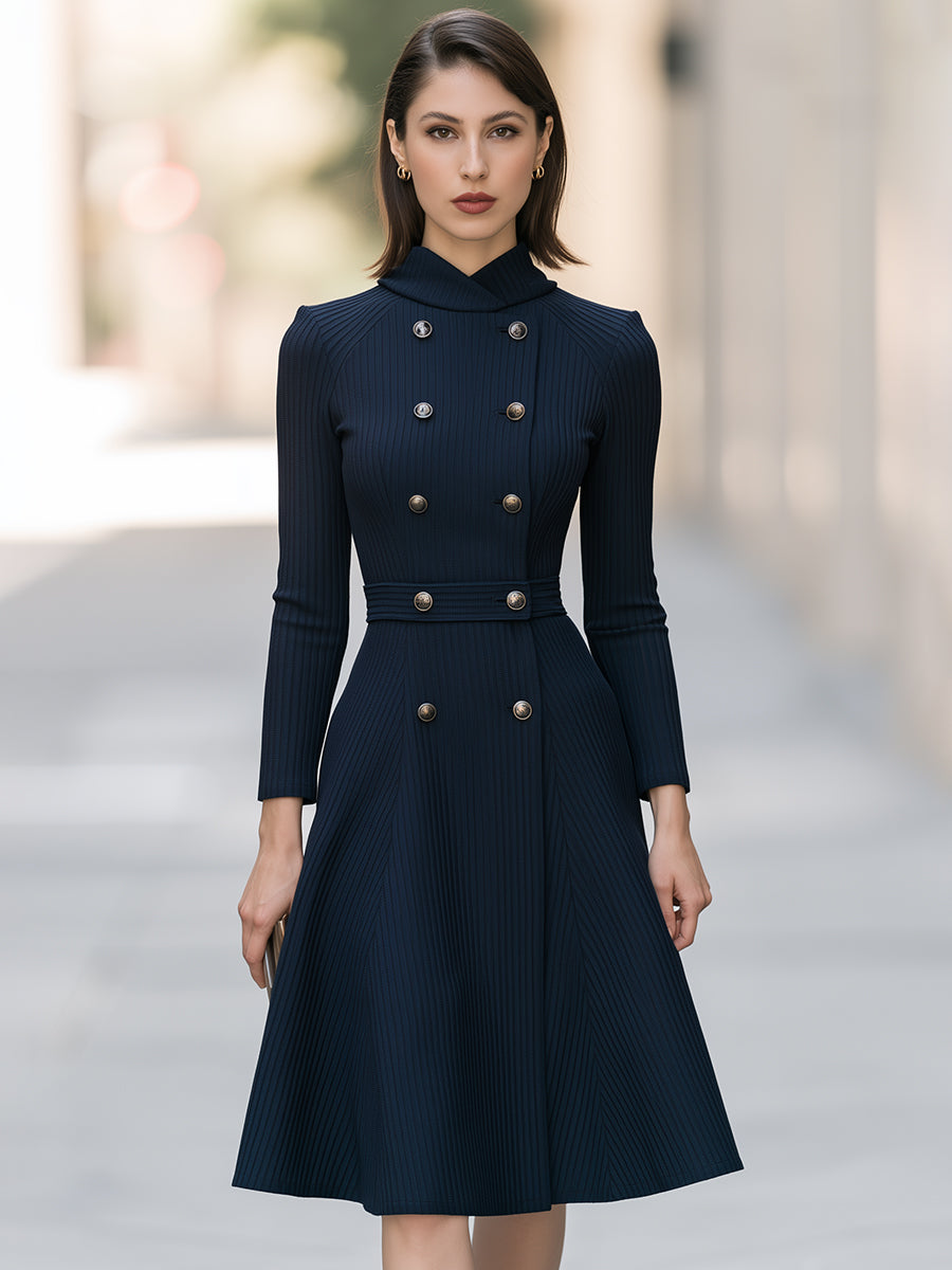 Crossover Neck Double-Breasted Knit Midi Dress