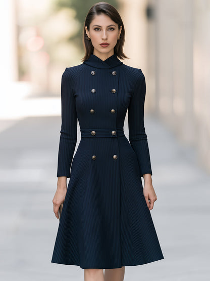 Crossover Neck Double-Breasted Knit Midi Dress