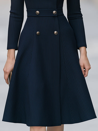 Crossover Neck Double-Breasted Knit Midi Dress