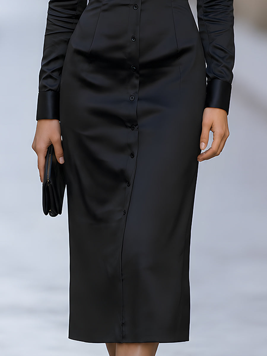 Satin Button Front Midi Shirt Dress