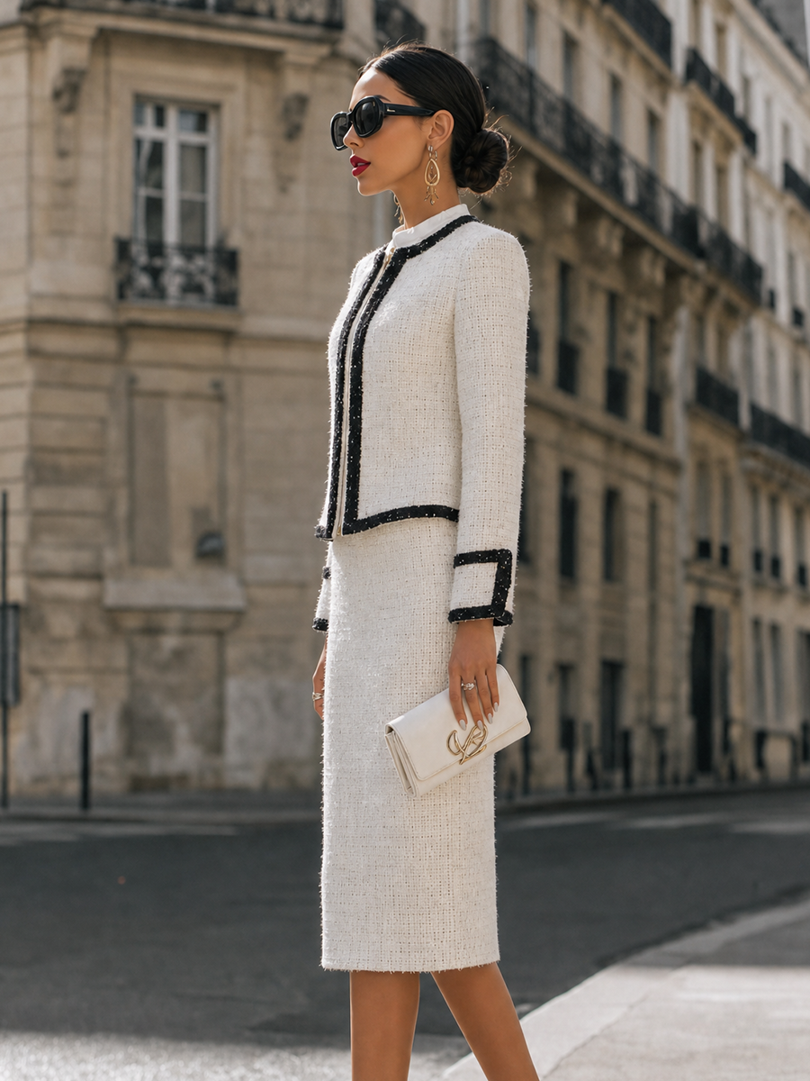 Contrast Trim Cropped Jacket and Pencil Skirt Two-Piece Set