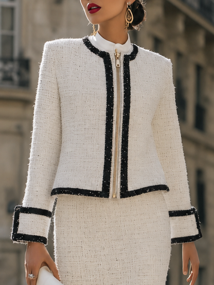Contrast Trim Cropped Jacket and Pencil Skirt Two-Piece Set