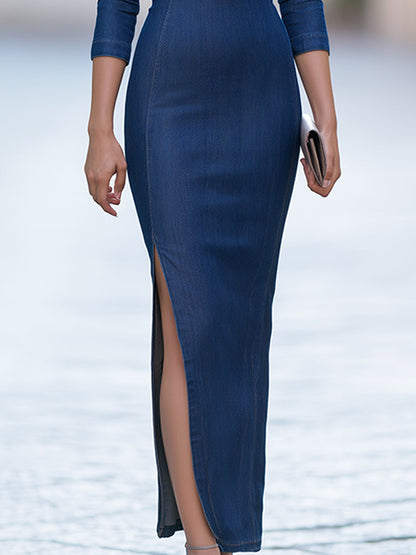 High Neck Long Sleeve Denim Midi Dress with Side Slit